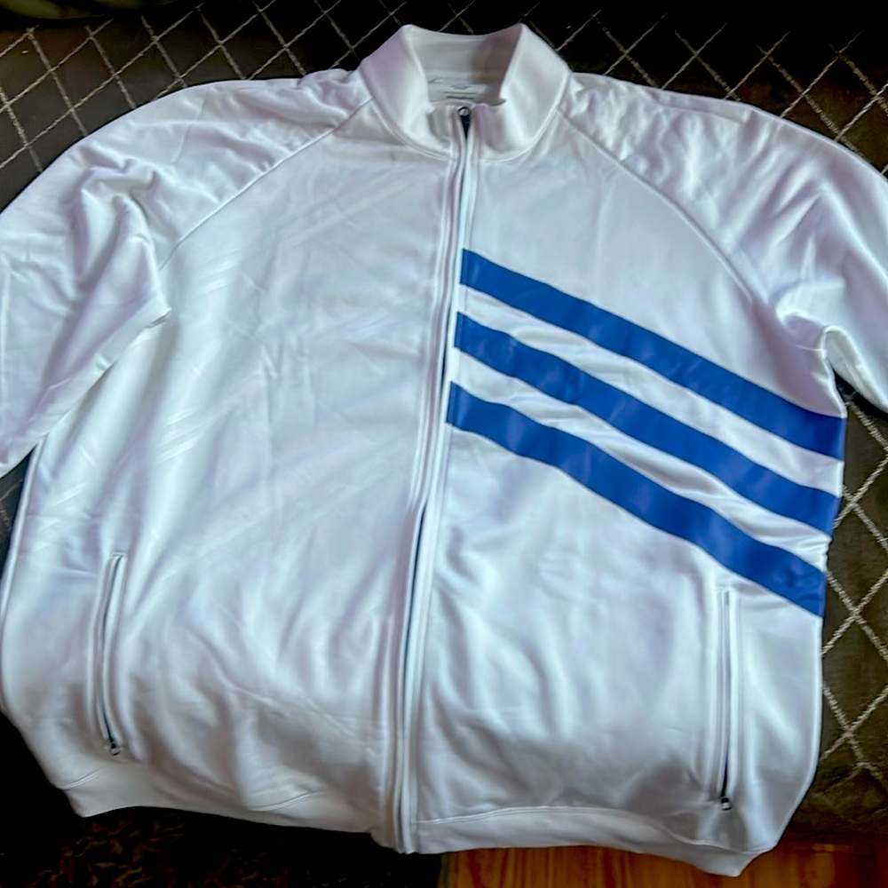 Adidas zipper up jacket white with three blue stripes